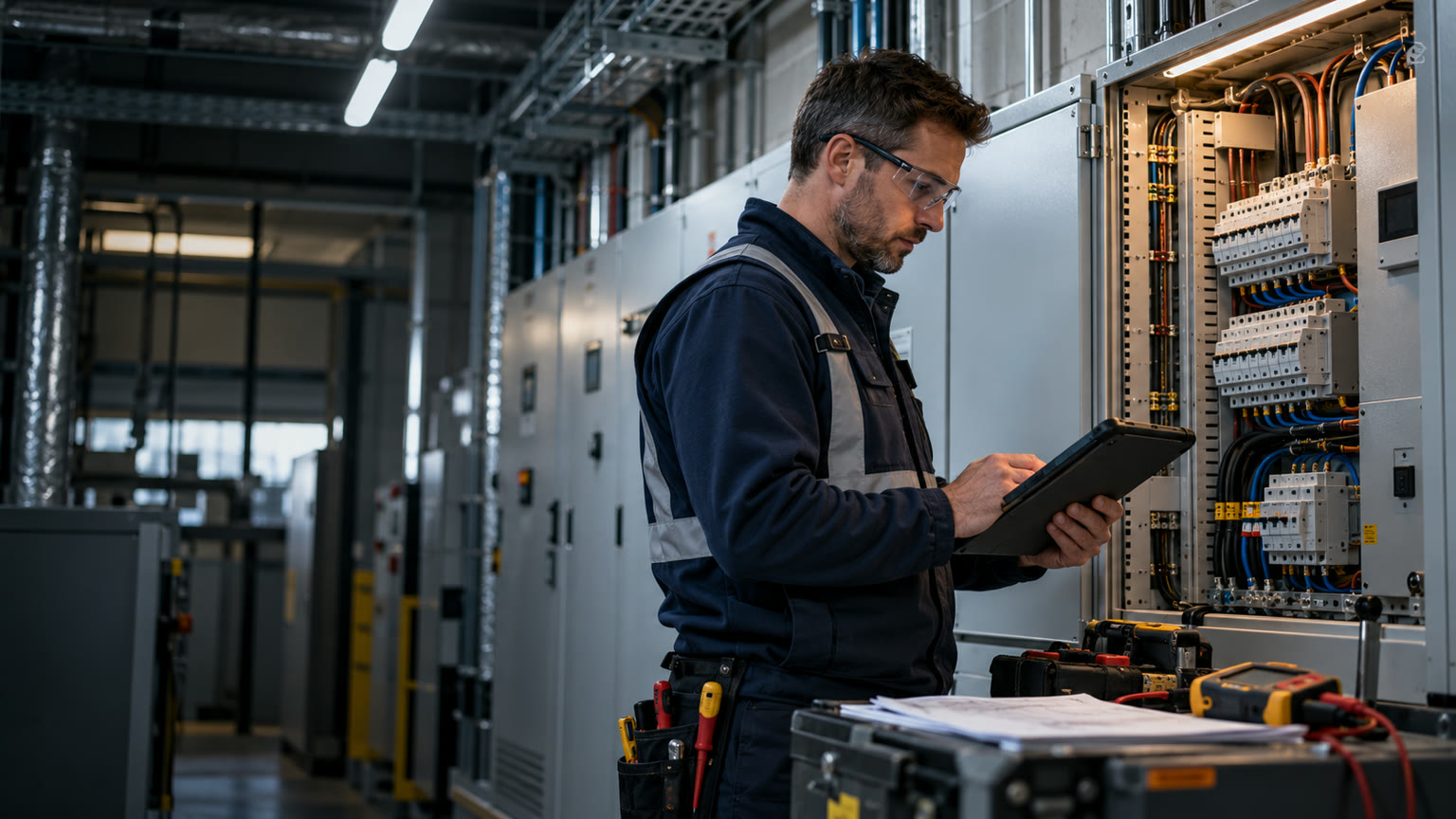 Commercial electrical contractor with safety glasses using a tablet beside rows of switchgear cabinets in a UK plant room