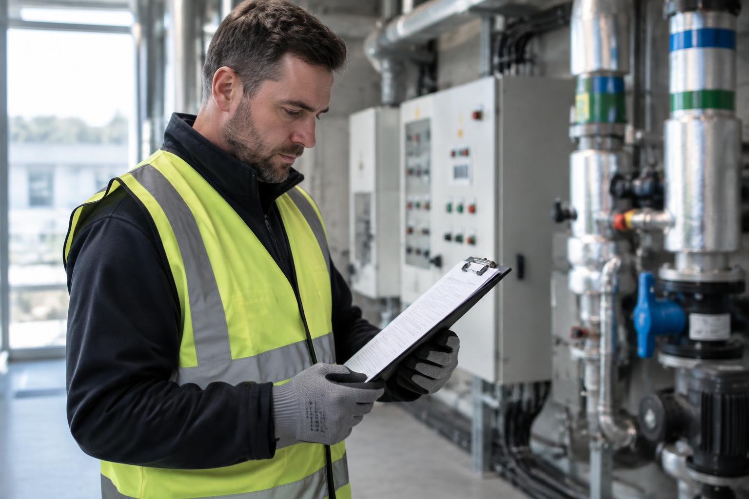 Contractor in a hi-vis vest reviewing a printed risk assessment document on a clipboard in a commercial plant room